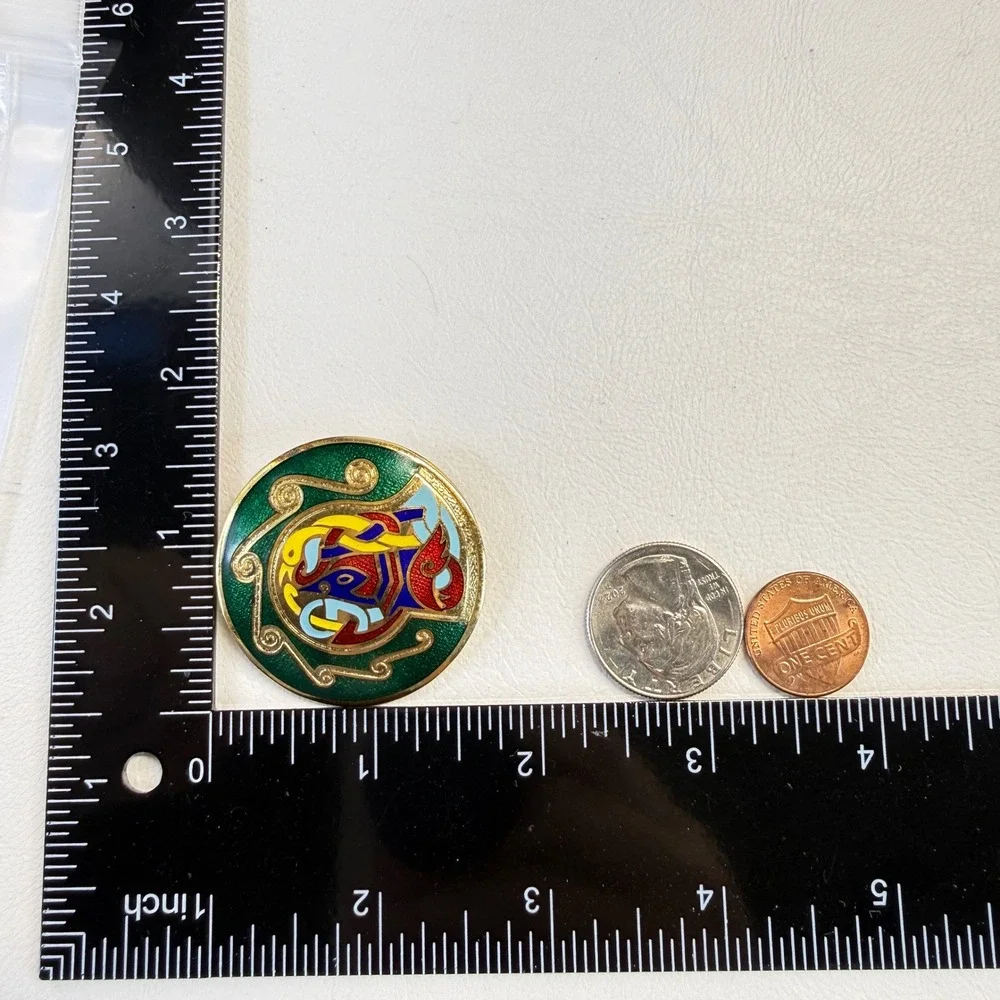 Vintage Celtic Enamel Brooch Gold Tone Colorful Knotwork Zoomorphic Pin